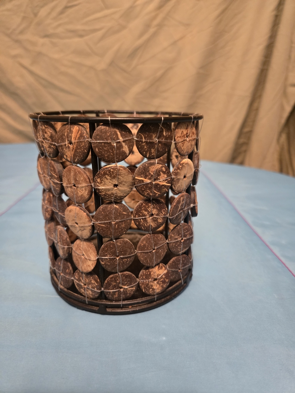 MARKET BAZAAR Brown metal button-like candleholder Glass insert 4 5/8"Hx4"W ~NEW